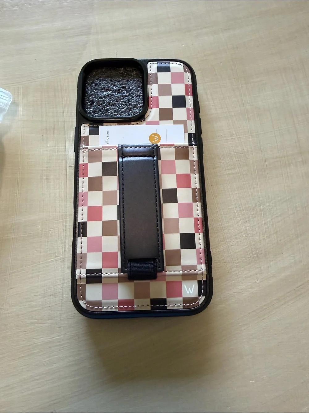 Checkered Cardholder Phone Case with Hand Strap in Pink & Brown